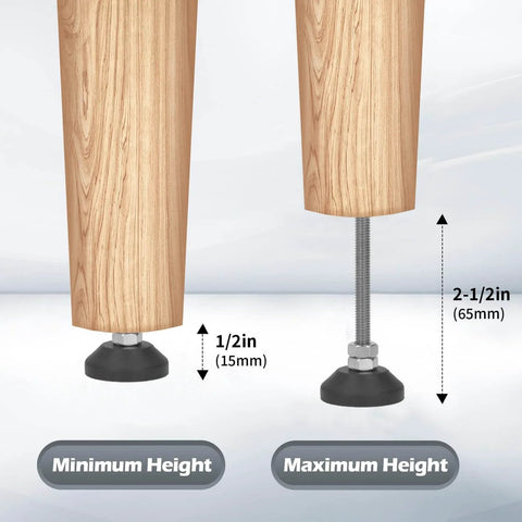 Furniture Leveling Feet 2 Pieces M6 Threaded Adjustable Levelers And Leg Extenders For Cabinets Sofas Tables And Chairs Raiser With 50mm Height Adjustment, showing height adjustment range and threaded mechanism, with wood leg.