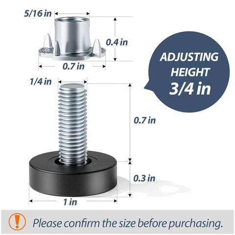 Diagram of 12 Pack Furniture Leveling Feet With T Nuts One Quarter Inch 20 UNC Thread Adjustable Levelers dimensions and installation guide.