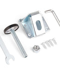 Heavy Duty 8 Pack Furniture Leveling Feet With Lock Nuts For Tables Cabinets Workbenches Shelving Units And More Adjustable 3/8-16 Thread Levelers In Plated Steel For Stable Level Surfaces shown with tools and parts