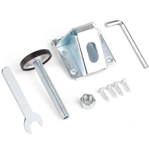 Heavy Duty 8 Pack Furniture Leveling Feet With Lock Nuts For Tables Cabinets Workbenches Shelving Units And More Adjustable 3/8-16 Thread Levelers In Plated Steel For Stable Level Surfaces shown with tools and parts
