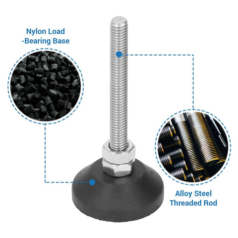 Furniture Leveling Feet 2 Pieces M6 Threaded Adjustable Levelers And Leg Extenders For Cabinets Sofas Tables And Chairs Raiser With 50mm Height Adjustment, showing alloy steel rod and nylon base