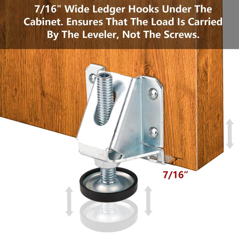 Heavy Duty 8 Pack Furniture Leveling Feet With Lock Nuts For Tables Cabinets Workbenches Shelving Units And More Adjustable 3/8-16 Thread Levelers In Plated Steel For Stable Level Surfaces installed on cabinet.