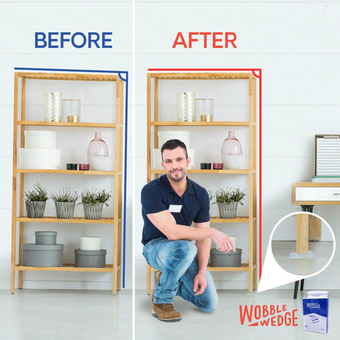 Heavy Duty Leveling Shims For Furniture And Appliances, Transparent Rigid Plastic Wedges, Made In USA, before and after shelf leveling