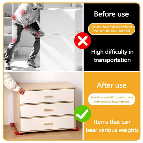 Comparison of moving a cabinet with and without Heavy Duty Furniture Lifter And Dolly Set With Wheels For Pallets 1322 Lbs Load Capacity Adjustable Appliance Rollers