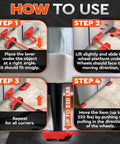 Instructions for ✝️ Furniture Lifter Tool & Furniture Moving Sliders Set 360° Rotating Wheels Up to 220 lbs, showing four steps.