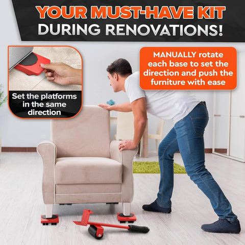 Person using ✝️ Furniture Lifter Tool & Furniture Moving Sliders Set 360° Rotating Wheels Up to 220 lbs, Refrigerator Movers on chair.