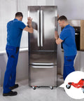 Two workers moving a refrigerator using 12 Pcs Furniture Mover Dolly 3 Wheels Dolly Steel Furniture Mover, displaying smooth motion capability.