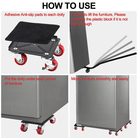 Instructions for using 4 Pack Heavy Duty Furniture Mover With Wheels Dolly Sliders Lifters Tool Set for Moving Refrigerator Sofa Cabinet 1600 Lbs