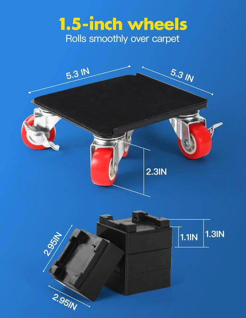 Diagram of 1200 lb heavy duty furniture movers with wheels and moving dolly set showing dimensions and wheel size