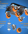 Close-up of five roller caster carts with orange TPE rubber wheels and reinforced steel plates, part of 2000 lb heavy duty furniture movers with wheels and moving dolly set.