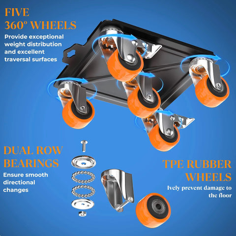 Close-up of five roller caster carts with orange TPE rubber wheels and reinforced steel plates, part of 2000 lb heavy duty furniture movers with wheels and moving dolly set.