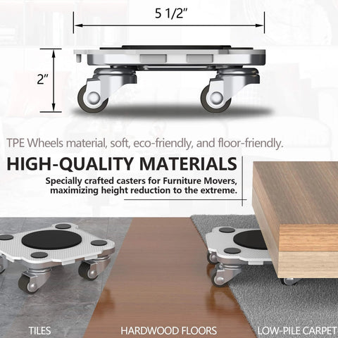 ✝️ Furniture Mover Pro Set - Enhanced Dolly with Custom TPE Wheels for Easy Furniture Lifting and Moving, shown on various floors.