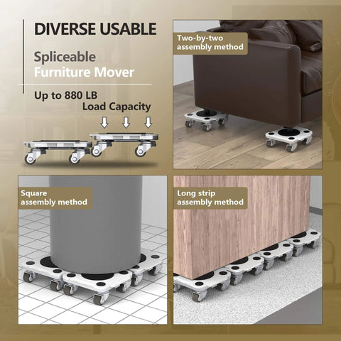 Diagram showing assembly methods for ✝️ Furniture Mover Pro Set - Enhanced Dolly and Lifter with Custom TPE Wheels for Easy Furniture Lifting and Moving
