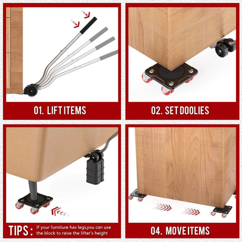 Step-by-step process using Furniture Mover Ultra with 8 Wheels – Upgraded Double-Wheel Design for lifting and moving furniture