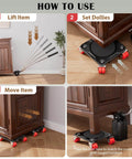 Four-step process of using the ✝️ Furniture Mover Ultra with 8 Wheels – All-New Upgraded Heavy Item Moving Tool Double-Wheeled Low-Profile Dolly to move furniture.