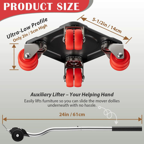 "✝️ Furniture Mover Ultra with 8 Wheels – All-New Upgraded Heavy Item Moving Tool Double-Wheeled Low-Profile Dolly with Auxiliary Lifter" product showing low-profile red wheels and lifter.