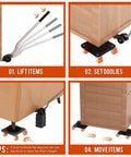 Steps for using Furniture Mover Ultra Plus with 10 Wheels, showing lifting, setting dollies, and moving heavy furniture.