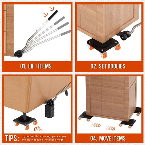 Steps for using Furniture Mover Ultra Plus with 10 Wheels, showing lifting, setting dollies, and moving heavy furniture.