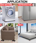 Furniture movers under washing machine, refrigerator, sofa, and bed demonstrating 4 Pack Heavy Duty Furniture Mover With Wheels Dolly Sliders Lifters Tool Set For Moving Refrigerator Sofa Cabinet Maximum Load 1600 Lbs Durable Steel Base And Wide Silent Rubber Wheels application.
