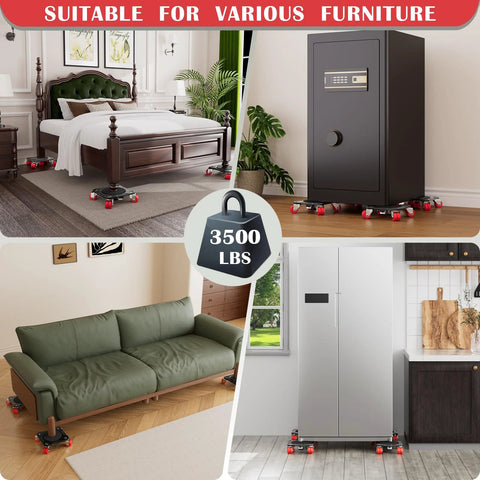 Heavy Duty Furniture Movers With Eight-Wheel Design And Lifter, Square Dollies showing use under bed, safe, sofa, fridge