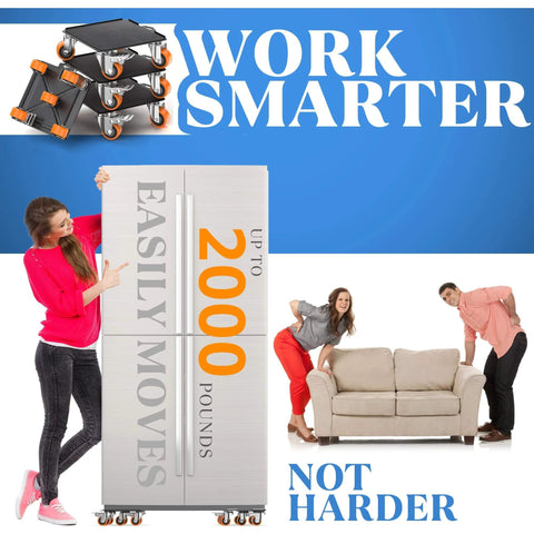 People moving heavy furniture using 2000 lb heavy duty furniture movers with wheels and moving dolly set, lifting sofa and refrigerator.