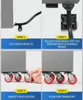 Steps for using 1200 lb heavy duty furniture movers with wheels and moving dolly set, showing lifter jack, caster insertion, and transport.