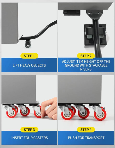 Steps for using 1200 lb heavy duty furniture movers with wheels and moving dolly set, showing lifter jack, caster insertion, and transport.