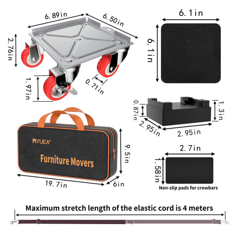 Furniture Movers Dolly Set with 5 Wheels, Heavy Duty Carbon Steel Panels, 360° Rubber Swivel Wheels, 3474 LBS Capacity, shown with accessories