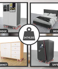 Furniture Movers Dolly Set with 5 Wheels, 3474 LBS Capacity shown moving fridge, bed, cabinet, and safe