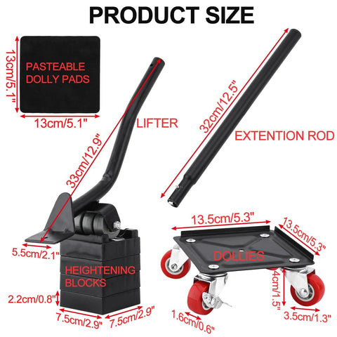 4 Pack Heavy Duty Furniture Mover With Wheels Dolly Sliders Lifters Tool Set dimensions and components view