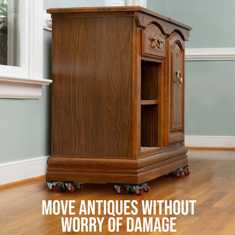 Heavy Duty Furniture Movers With Wheels Furniture Dolly Kit under wooden cabinet with red wheels on hardwood floor.
