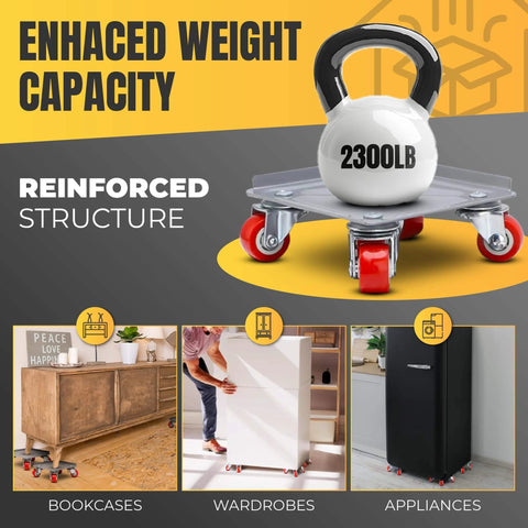 Furniture Moving Dolly Set with 5 Wheel System, Heavy Duty 2300 lb Capacity, lifting kettlebell on dolly with swivel casters and furniture examples