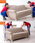 Two movers use 12 Pcs Furniture Moving Dolly Set to easily slide a sofa with 3 Wheel Steel Tri Dolly Movers and foam pads.