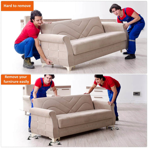 Two movers use 12 Pcs Furniture Moving Dolly Set to easily slide a sofa with 3 Wheel Steel Tri Dolly Movers and foam pads.