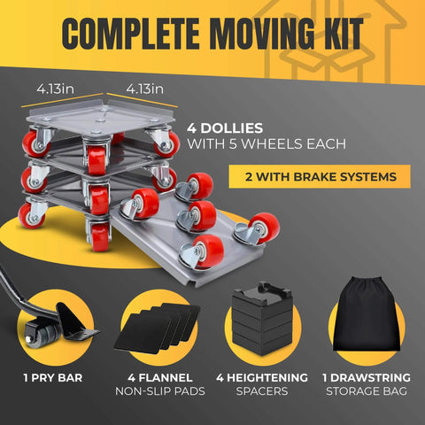 Furniture Moving Dolly Set with 5 Wheel System, Heavy Duty 2300 lb Capacity, includes lifter tool, gloves, and storage bag.