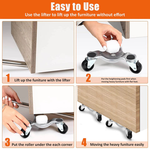 Steps using 12 Pcs Furniture Moving Dolly Set, 3 Wheel Steel Tri Dolly Movers with Triangle Swivel Casters and Foam Pads.