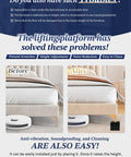 Comparison image showing a bed before and after using Beefed Up Heavy Duty Furniture Risers With Stackable Rectangular Design, highlighting ease of cleaning and height adjustment benefits.