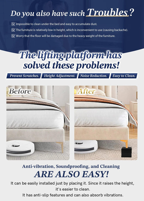 Comparison image showing a bed before and after using Beefed Up Heavy Duty Furniture Risers With Stackable Rectangular Design, highlighting ease of cleaning and height adjustment benefits.