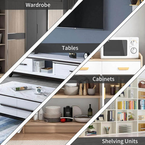 Home furniture with wardrobe, tables, cabinets, and shelving units in a modern interior setting.