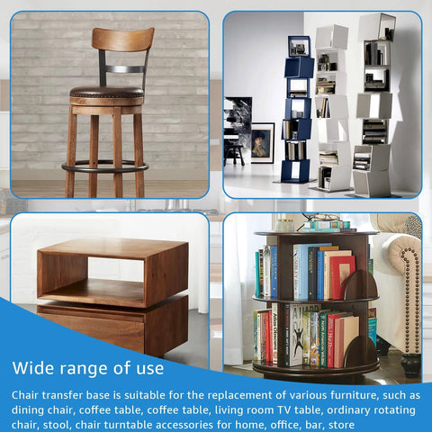 Furniture featuring a chair, modern shelving, wooden coffee table, and rotating bookshelf, showcasing Two Piece 7 Inch Heavy Duty Bar Stool Rotating Plate Replacement.