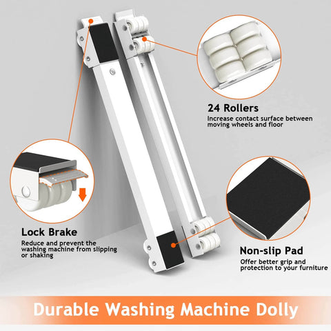 Durable white washing machine dolly with 24 rollers, lock brake, and non-slip pad for smooth motion and stability.