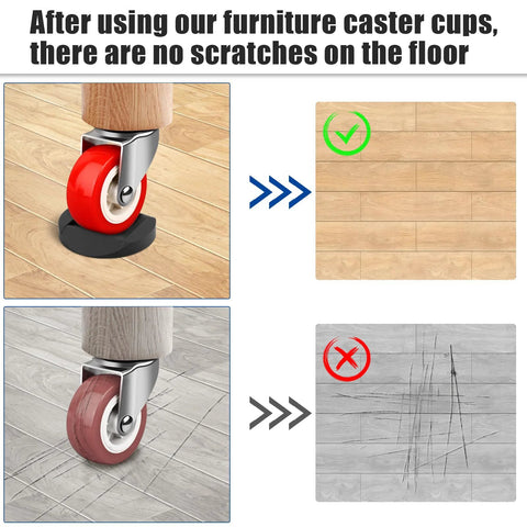 Comparison showing 4 Pack 3x3 Inch Furniture Stopper Cups use preventing scratches on floors with and without wheel stoppers.