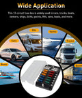 12 Way Fuse Block With LED Indicator For 12V Marine Auto Boat RV And More, Beefy Waterproof Fuse Panel With 36 Blade Fuses shown with wide applications.