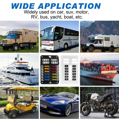 All In One 12V Fuse Block With Led Indicator, Weatherproof Cover, 12 Circuits Panel With Negative Bus shown with various vehicles.