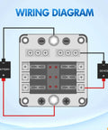 Wiring diagram for Six Circuit Blade Fuse Block With Negative Bus And LED Indicator Waterproof Cover for 12V systems.