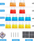 Assorted fuses alongside package contents including fuse box, screws, and labels for Six Way 12V Fuse Box With LED Indicator Waterproof ATO ATC Fuse Block For Marine Boat Car Truck 24V Compatible Beefy Electrical Panel With Quick Blow Warning Light.