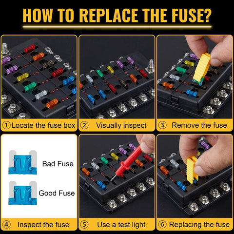 Instructions on using the Low Profile Mini Fuse Kit With 100 Piece Premium Blade Fuses to replace fuses on a panel.