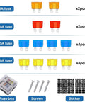 5A, 10A, 15A, and 20A fuses with 6 Way 12V Waterproof Fuse Box Holder, screws, and stickers for vehicles and boats