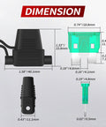 Dimension diagram of Heavy Duty 12 AWG Inline Fuse Holder for 12V Systems showing sizes of components and blade fuses.