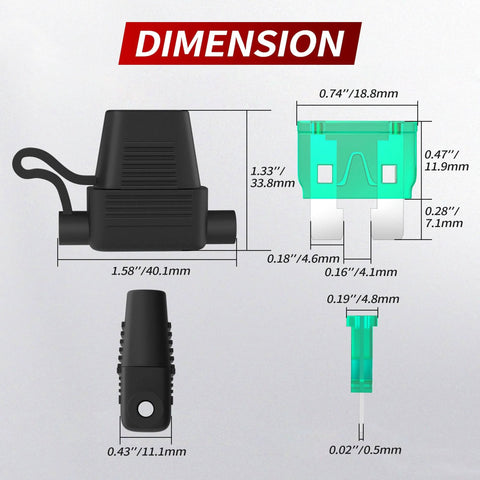 Dimension diagram of Heavy Duty 12 AWG Inline Fuse Holder for 12V Systems showing sizes of components and blade fuses.